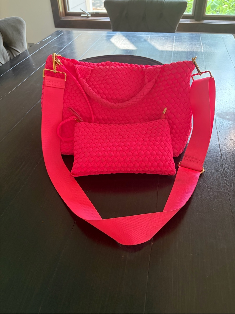 Woven crossbody removable strap with Removable Pouch in Bright Pink